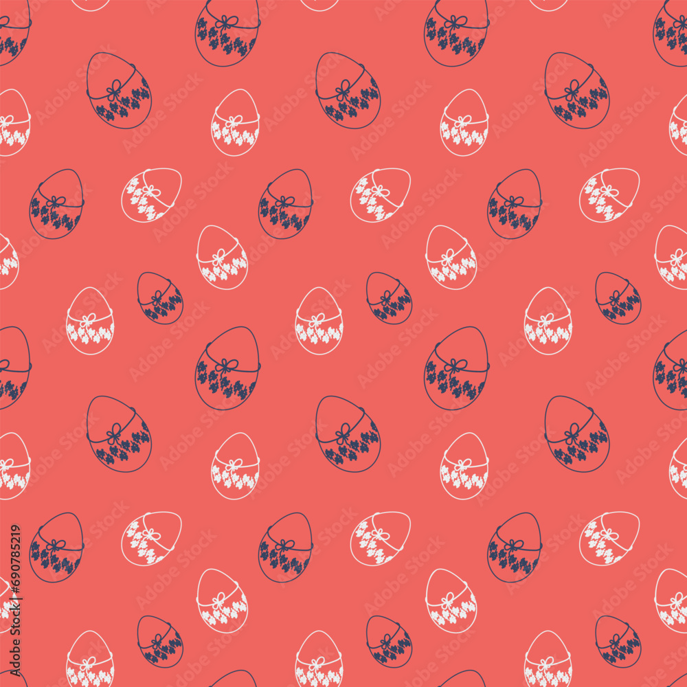 Seamless pattern with colored Easter eggs on a red background. Print for kitchen textiles, wrapping paper. Vector illustration