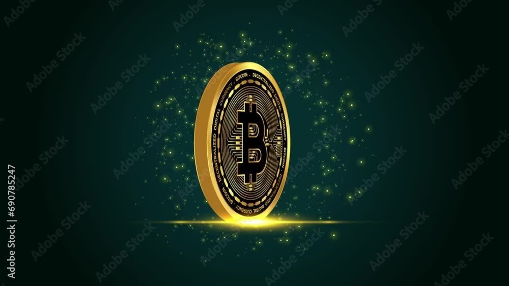 Gold Bitcoin rotating 3d, crypto currency motion graphics cartoon animation background loop