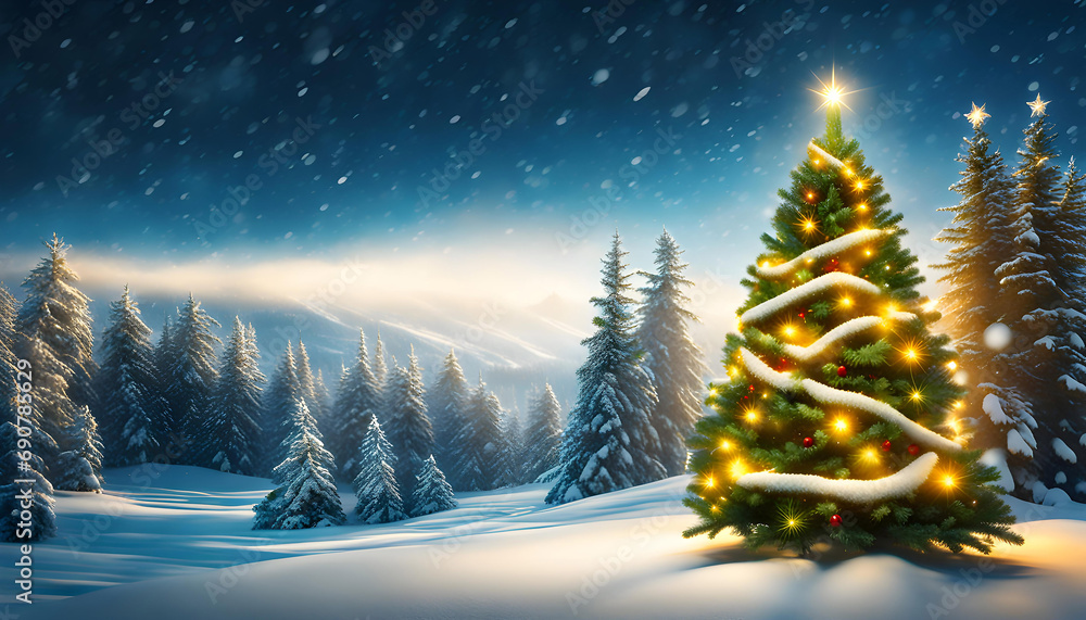Delicate elegant 3D background template with Christmas tree on a beautiful background, Merry Christmas and Happy New Year