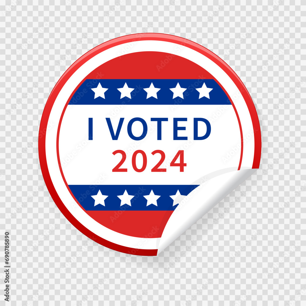 Concept of responsibility USA voting 2024 icon. Circle sticker with I voted, on American flag. Round American elections labels. Concept of responsibility USA voting 2024 icon. Circle sticker with I voted, on American flag. Round American elections labels.