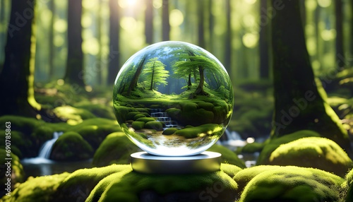 Earth Day - Environment - mirror glass globe in forest with moss and defocused abstract sunlight and water,