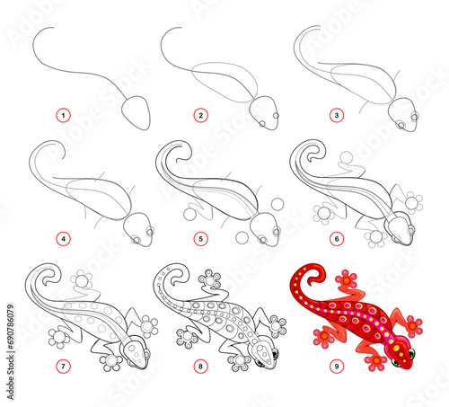 How to draw a cute little red gecko. Educational page for children. Creation step by step animal illustration. Printable worksheet for kids school exercise book. Online education. Vector drawing.