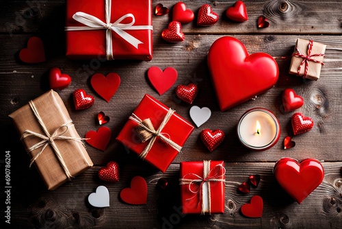 A cozy setup featuring a wooden heart-shaped candle holder, red heart decorations, and two wrapped gifts