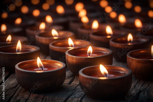 Many Small Burning Candles On A Wooden Surface Many Small Burning Candles