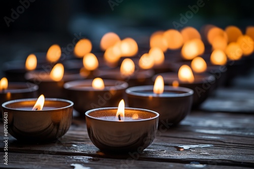 Many Small Burning Candles On A Wooden Surface Many Small Burning Candles