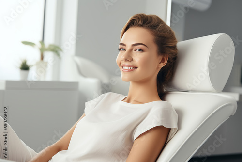 Young smiling woman sitting on chair at dentist office. Dental care, healthy teeth