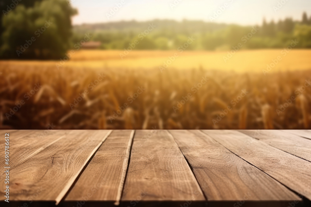 wooden table foregrounds a sweeping view of a wheat field bathed in golden sunlight
