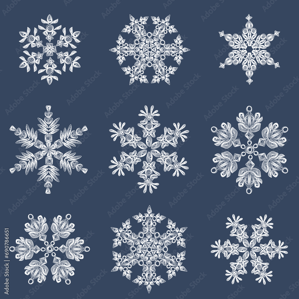 A set of stylish white quilling snowflakes on a dark blue background. Paper openwork weaving technique. Elements of quilling. New Year's symbols in the pattern. A set of stylish white quilling snowflakes on a dark blue background. Paper openwork weaving technique. Elements of quilling. New Year's symbols in the pattern.