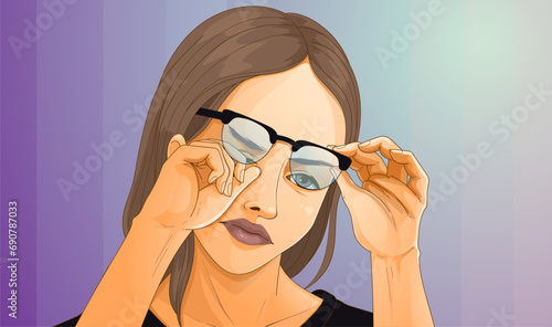 A young woman is rubbing her eyes. Healthcare illustration. Vector illustration.