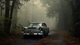 A decaying vintage car, enveloped by mist, lost in the serenity of a foggy morning