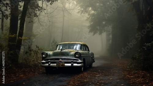 A decaying vintage car, enveloped by mist, lost in the serenity of a foggy morning