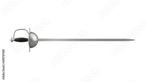 Foil sword with black handle isolated on transparent and white background. Sword concept. 3D render photo