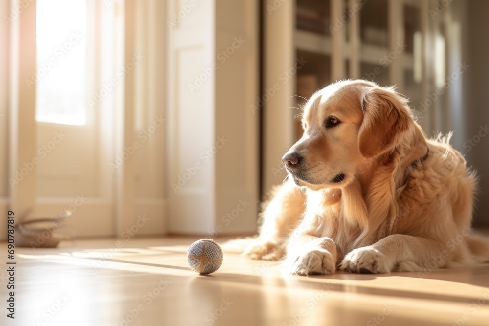 A dog laying on the floor next to a ball. Generative AI.