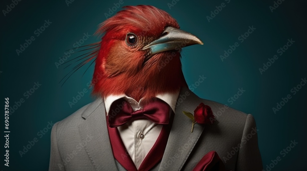 A bird wearing a suit and bow tie. Generative AI.