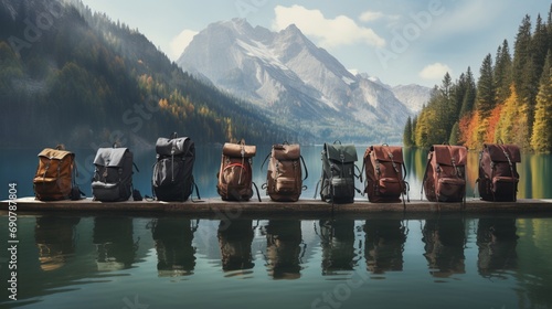A display of versatile, weatherproof backpacks against a backdrop of serene mountain lakes reflecting the surrounding peaks photo