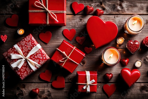 Festive arrangement with red hearts and candles on a wooden table