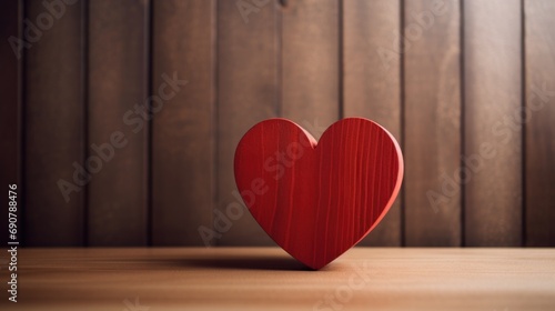 A rustic wooden heart on a table against a wooden wall, symbolizing love and romance. Generative AI.