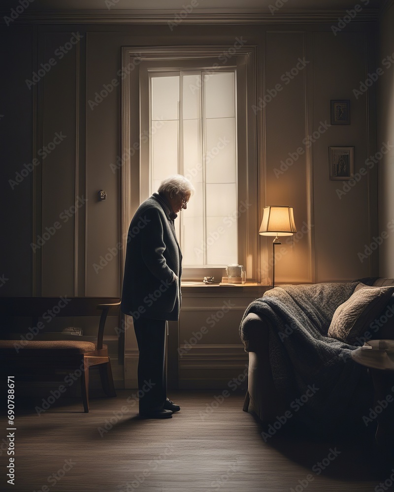 a lonely grandfather standing alone by the window in a room