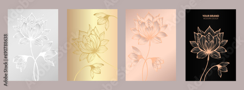 Abstract luxury cards collection with floral ornament in black, silver, peach, gold color. Elegant vector background pattern for wedding invitation, cosmetics cover, holiday poster.