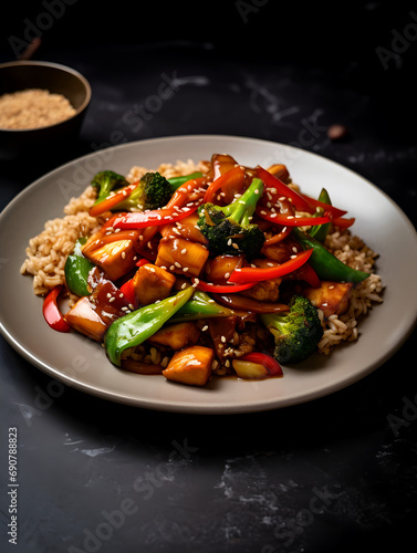 Stir-fried vegetables with rice, chicken and sauce on white plate, blurry background
