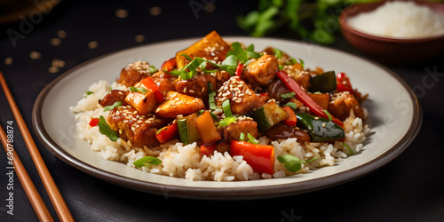 Stir-fried tofu with rice and sauce on white plate, blurry background