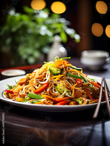 Stir-fried vegetables with noodles and sauce on a plate, blurry background © TatjanaMeininger