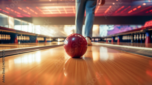bowling ball and pins in a bowling alley