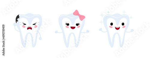 A happy healthy cute tooth and a crying tooth with decay. Cartoon vector baby vector illustration