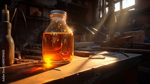A glistening bottle of motor oil, refracting the sunlight as it rests on a pristine workshop bench. The amber liquid within seems to hold the essence of vehicular vitality photo