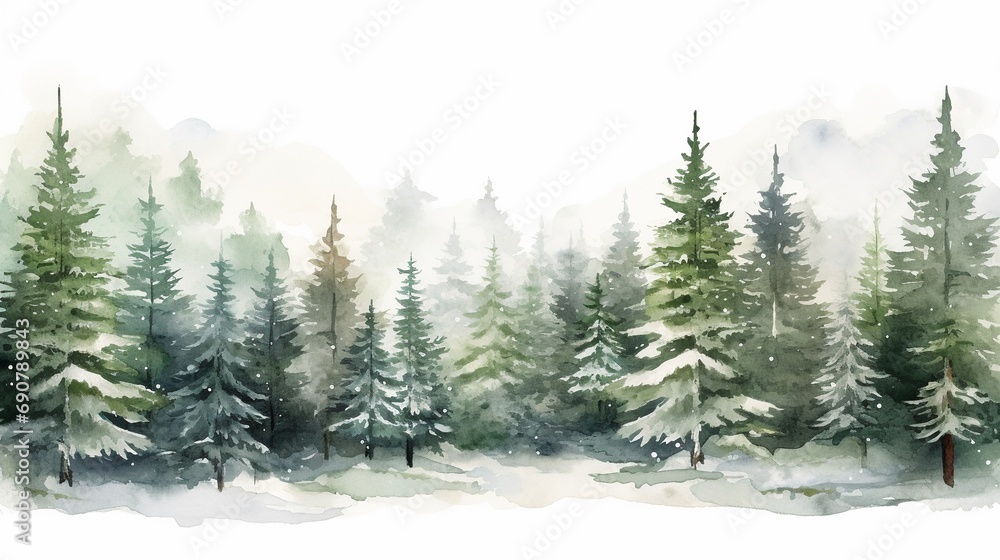 Hand drawn watercolor coniferous forest illustration, spruce. Winter nature, holiday background, conifer, snow, outdoor, snowy rural landscape.Mysterious fir or pine trees for winter Christmas design. - obrazy, fototapety, plakaty 