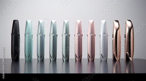 A lineup of hair straightening irons, their reflective surfaces contrasting against a backdrop of soft hues