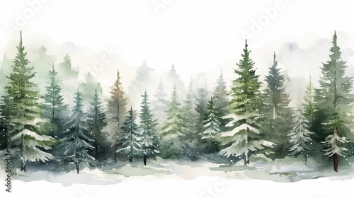 Hand drawn watercolor coniferous forest illustration, spruce. Winter nature, holiday background, conifer, snow, outdoor, snowy rural landscape.Mysterious fir or pine trees for winter Christmas design. photo