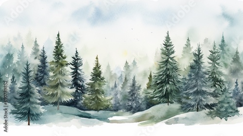 Hand drawn watercolor coniferous forest illustration, spruce. Winter nature, holiday background, conifer, snow, outdoor, snowy rural landscape.Mysterious fir or pine trees for winter Christmas design. © JW Studio