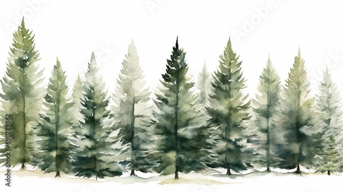 Hand drawn watercolor coniferous forest illustration, spruce. Winter nature, holiday background, conifer, snow, outdoor, snowy rural landscape.Mysterious fir or pine trees for winter Christmas design. photo