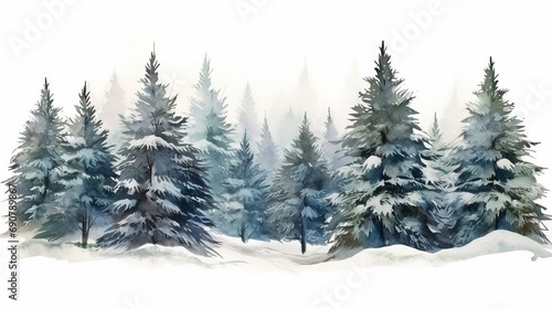 Hand drawn watercolor coniferous forest illustration, spruce. Winter nature, holiday background, conifer, snow, outdoor, snowy rural landscape.Mysterious fir or pine trees for winter Christmas design. © JW Studio
