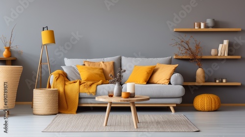 The stylish boho compostion at living room interior with design gray sofa, wooden coffee table, commode and elegant personal accessories. Honey yellow pillow and plaid. Cozy apartment.  photo