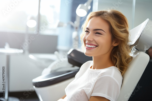 Young smiling woman sitting on chair at dentist office. Dental care, healthy teeth