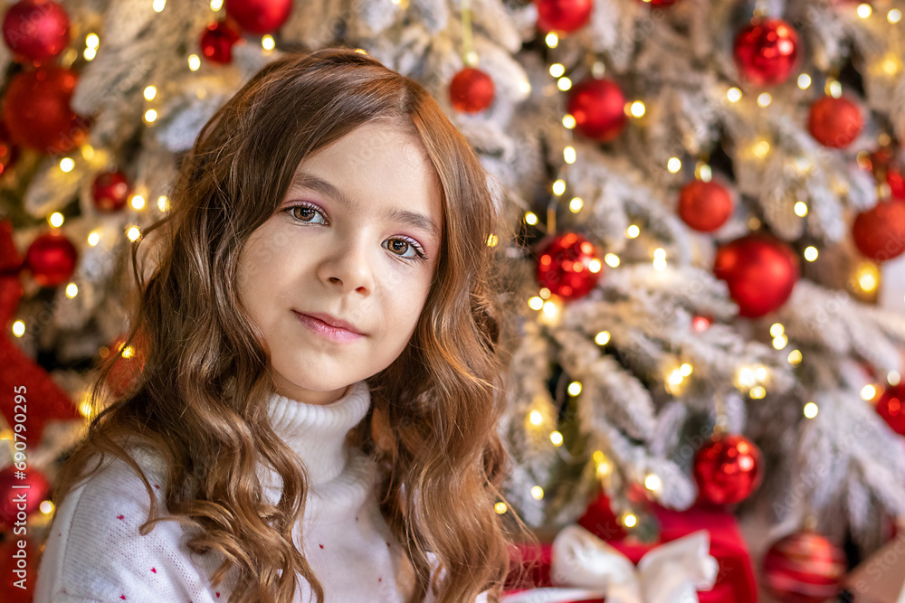 Portrait of a happy girl looking at the camera, posing against the background of a Christmas tree. Portrait of a happy girl looking at the camera, posing against the background of a Christmas tree.