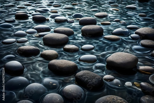 Positioned neatly in this water are stones of uniform size arranged in a straight line  creating a visually appealing pattern. 