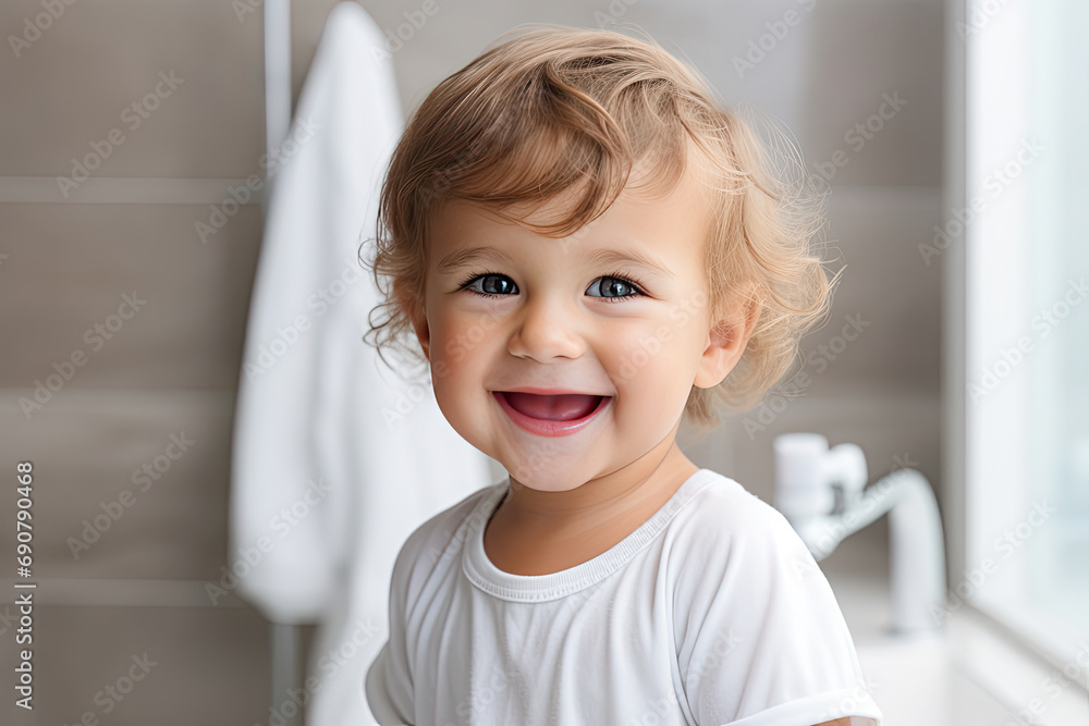 The child smiles in the bathroom. Morning procedures at the washbasin The child smiles in the bathroom. Morning procedures at the washbasin