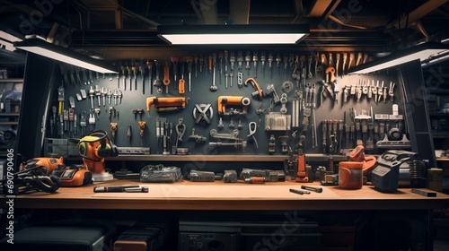 A meticulous arrangement of mechanical engineering tools on a pristine, stainless steel workbench under bright overhead lights photo