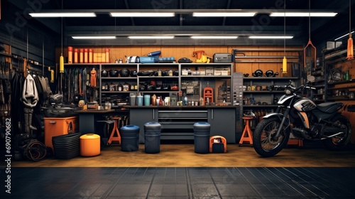 A panoramic view of a well-stocked automotive garage, with containers of motor oil standing as a testament to reliability and expertise
