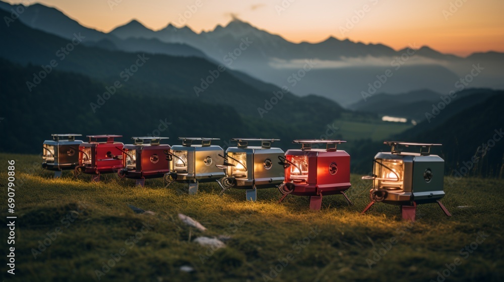 A row of compact, lightweight camping stoves set up on a flat surface, promising warmth amidst chilly mountain nights