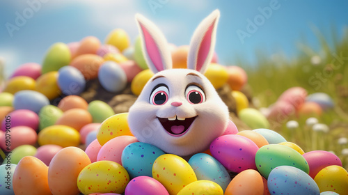 illustration of a head of an Easter bunny looks out of a mountain of Easter eggs