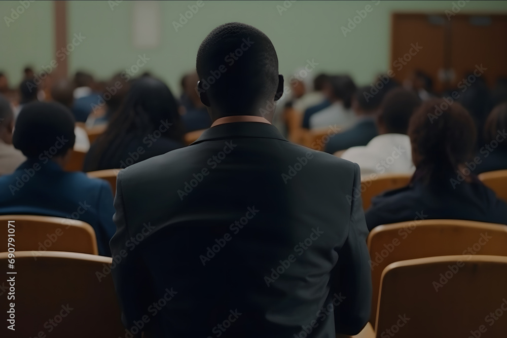 Speaker Giving a Talk at Business Meeting. Audience in the conference hall. Neural network AI generated art Speaker Giving a Talk at Business Meeting. Audience in the conference hall. Neural network AI generated art