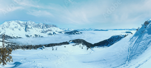 Cloudy winter mountain panorama (Hochkoenig region, Austria).