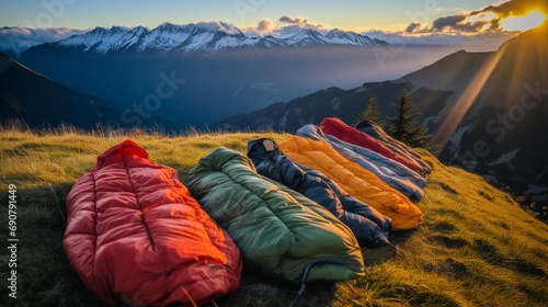 A selection of high-quality, insulated sleeping bags spread out on a grassy knoll, promising warmth amidst a chilly mountain night
