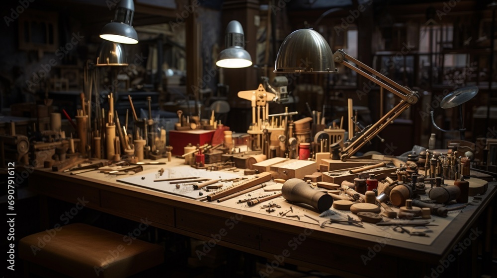 A selection of precision model-making tools, their intricate designs highlighted under focused lighting in a creative space
