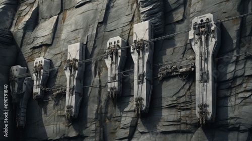 A series of heavy-duty climbing anchors and bolts embedded in sheer rock faces, emphasizing strength and reliability