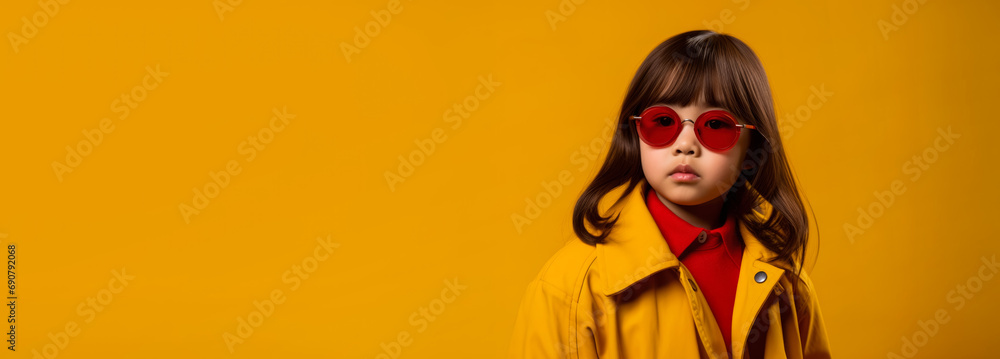 Stylish cool Asian girl wearing coat and red sunglasses, fashion supermodel kid, studio portrait, copy space on side. Generative AI Stylish cool Asian girl wearing coat and red sunglasses, fashion supermodel kid, studio portrait, copy space on side. Generative AI